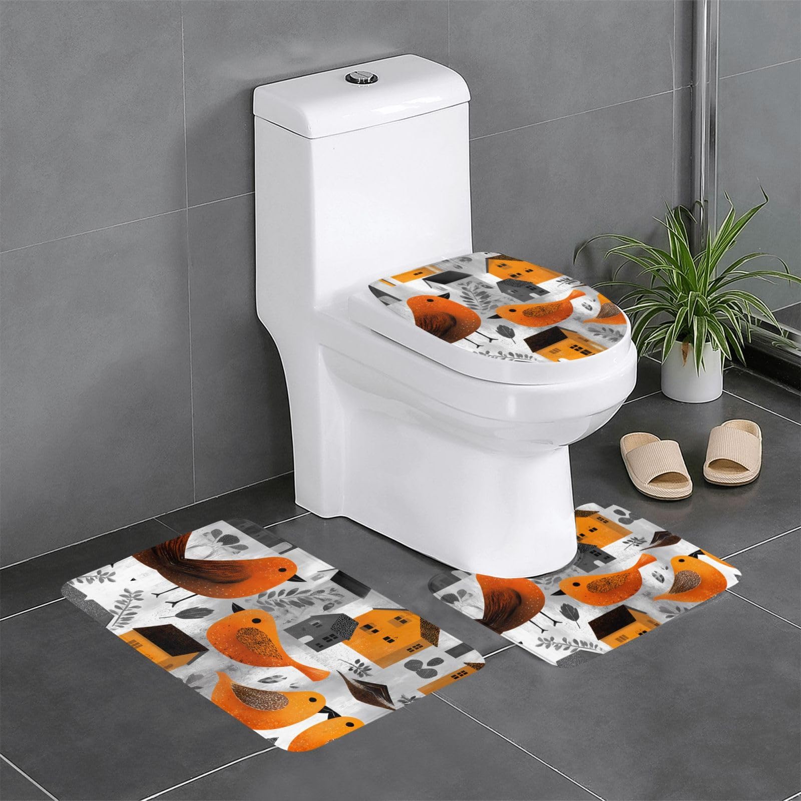 Lot de 3 tapis de salle de bain motif oiseaux - Rectangulaire, ovale et contour WC