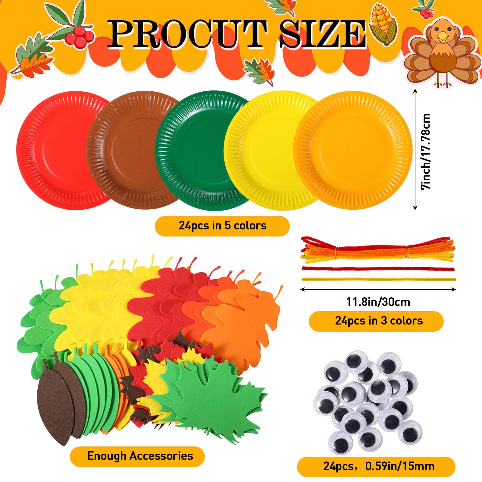 24 Sets Thanksgiving Turkey Craft Kits - DIY Fall Classroom Activities With Plates & Paper Cutouts For Kids