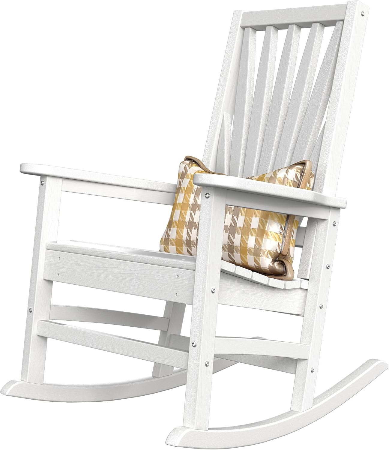 DWVO Outdoor Rocking Chair, Patio Rocker with Windsor Backrest & Wide Armrests, HDPE Patio Chair, 30° Rocking Motion, Outdoor Rocker for Porch, Balcony, Garden Seating, White