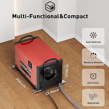 110 Pints Commercial Dehumidifier with Drain Hose, Crawl Space Dehumidifier for Water Damage Restoration, Flood Repair, Crawlspace and Basement, Red