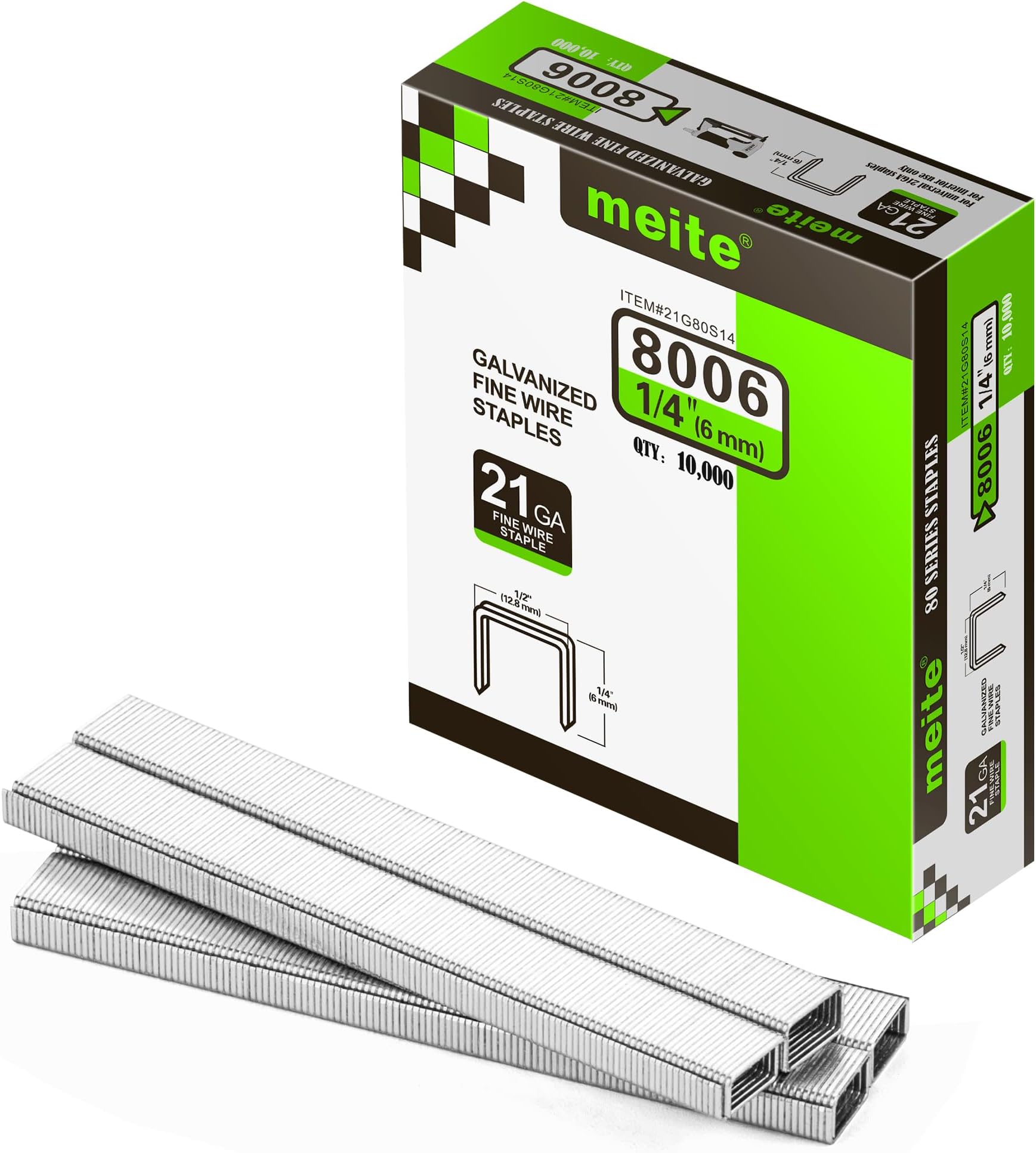 meite 21 Gauge Upholstery Staples, 1/2-Inch Crown with 1/4-Inch Length Galvanized Heavy Duty Staples for Staple Guns MT8016, MT8016S, and MT8016SLN (10,000 Counts)