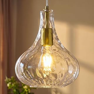 Modern Glass Pendant Light 9.44 in Clear Hammered Glass Shade Gold Farmhouse Island Pendant Lights for Kitchen Pendant Lighting Over Sink Bedroom Dining Room (1 Pack)