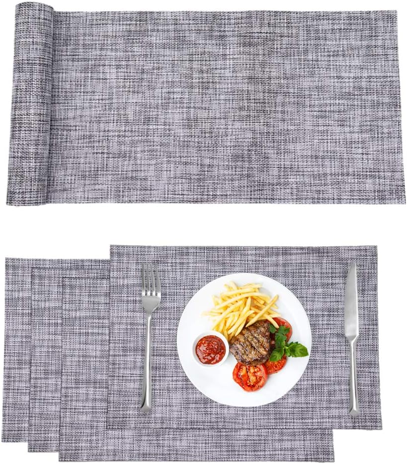 Panngu Placemats, Set with 4x Placemats and 1x Table runner, Washable Table Mats PVC Placemats Non-Slip and Environmental, Vinyl Table Mats with Matching Table Runner for Kitchen Dining Table (grey)