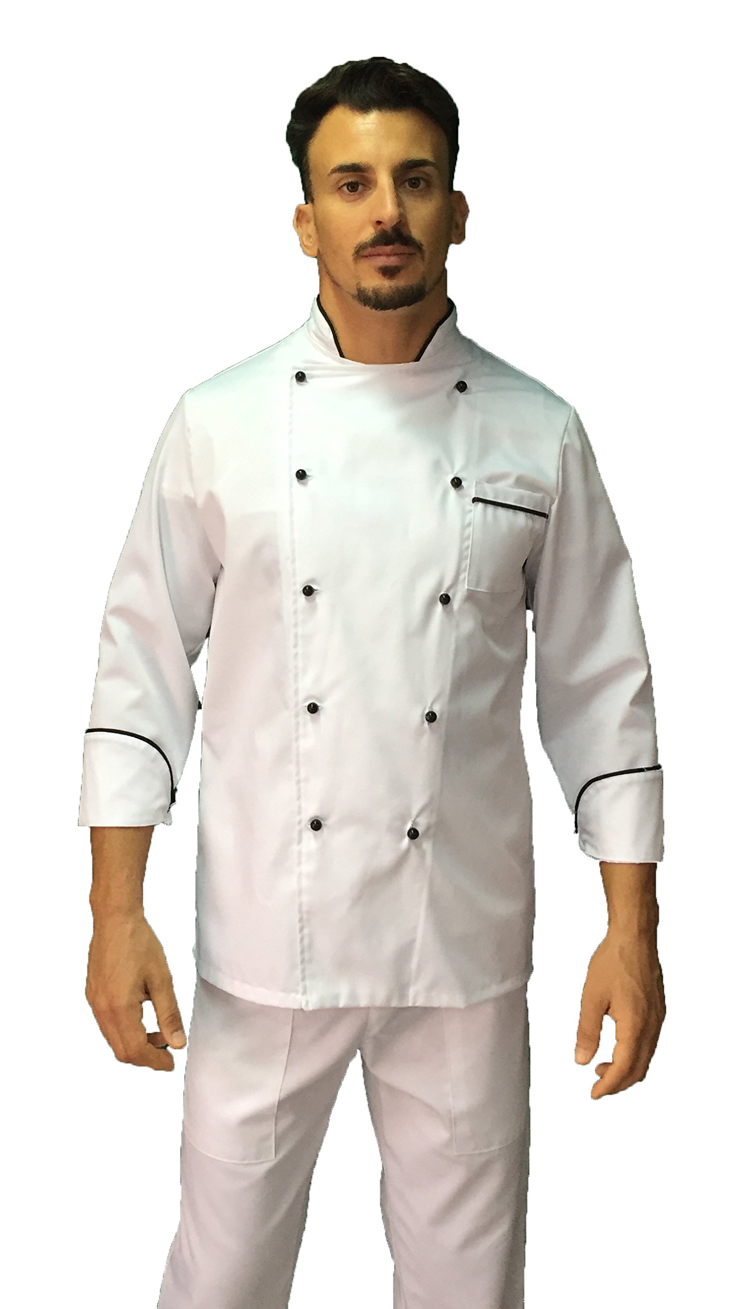 Ricamo Gratuito - Completo Cuoco Uomo - Bianco, Nero - Divisa Chef - Giacca, Pantaloni e Grembiule - 100% Cotone - Uniforme per Cucina e Ristorante