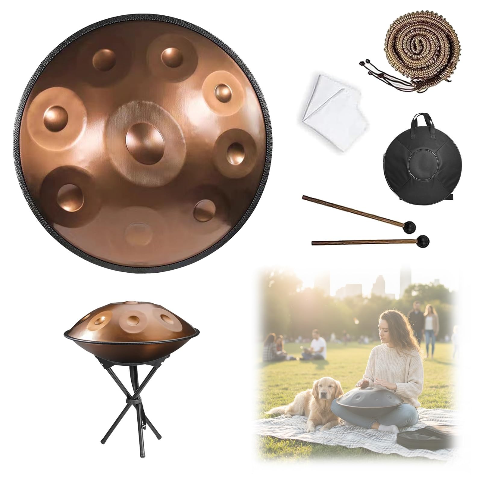 Stal 56 cm Handpan D-moll 432/440Hz 9/10/12 nut, zestaw instrumentów perkusyjnych z miękkimi rękami, torba na patelnię, 2 stojaki na młotek, bezpyłowa ściereczka do medytacji, jogi (głęboki