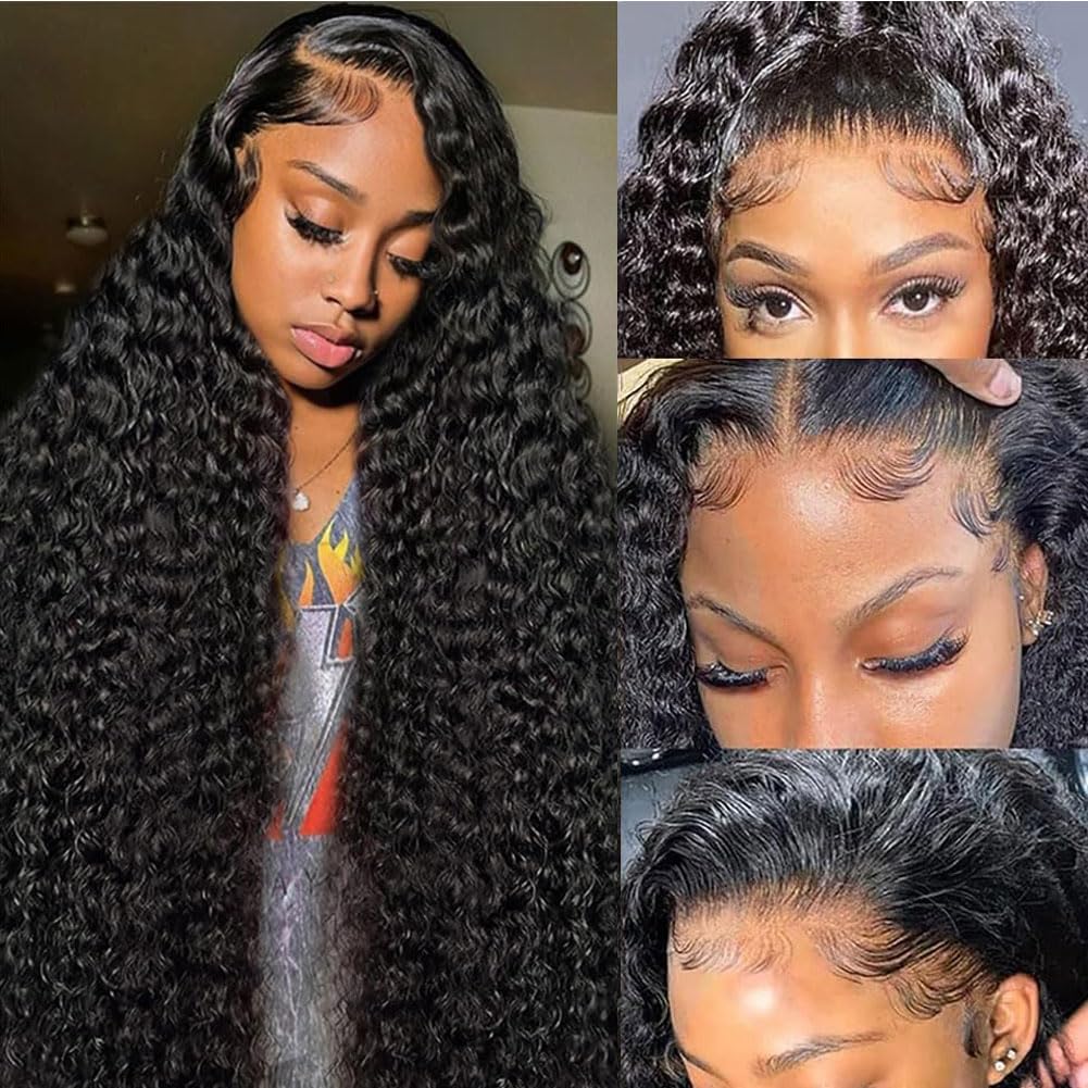 Kdmidun 32 Inch 13x6 Deep Wave Lace Front Wigs Human Hair Pre Plucked 200% Density HD Transparent Lace Frontal Wigs Human Hair for Women Glueless Wigs Deep Curly Wigs Natural Black