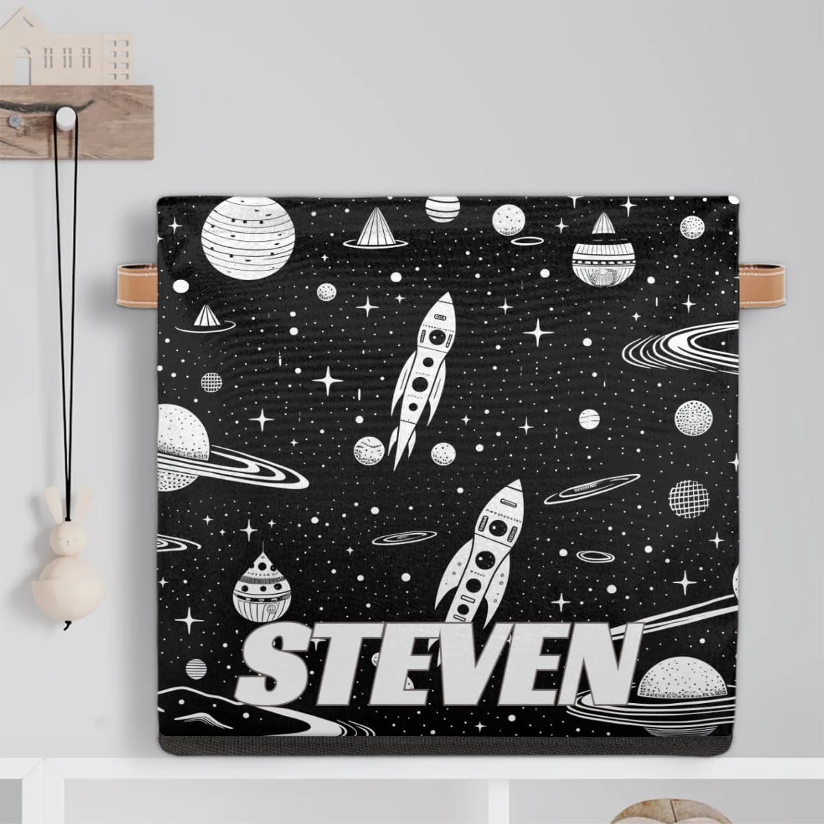 Custom Name Universe Planet Storage Basket Personalized Foldable Space Astronaut Storage Bin with Handle for Kids Boys Clothes Toys Dolls Home Nursery Dorm Bedroom,Black Planet Rocket 2