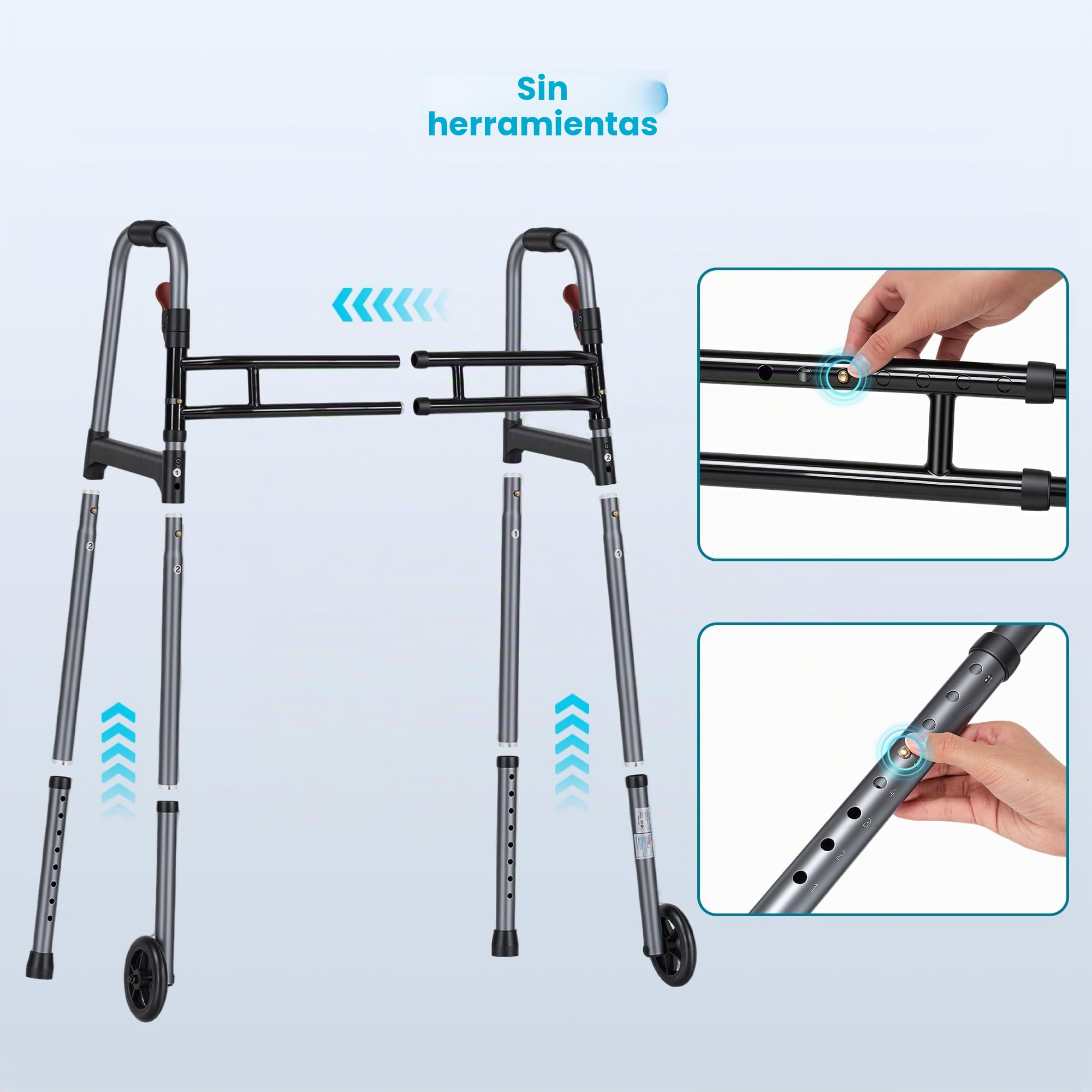 Careboda Marco plegable con diseño de barra doble, plegable y portátil con ruedas fijas de 12,7 cm, altura ajustable y función de disparador, para personas mayores y adultos