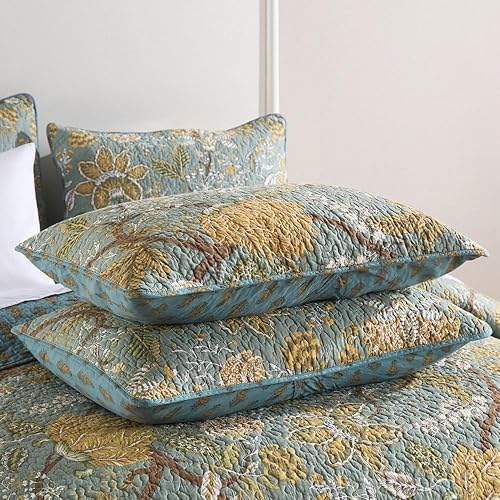 Miniatura 5 de Juego de colcha de algodón reversible, juego de ropa de cama reversible, colcha vintage floral de granja pastoral turquesa, tamaño Queen