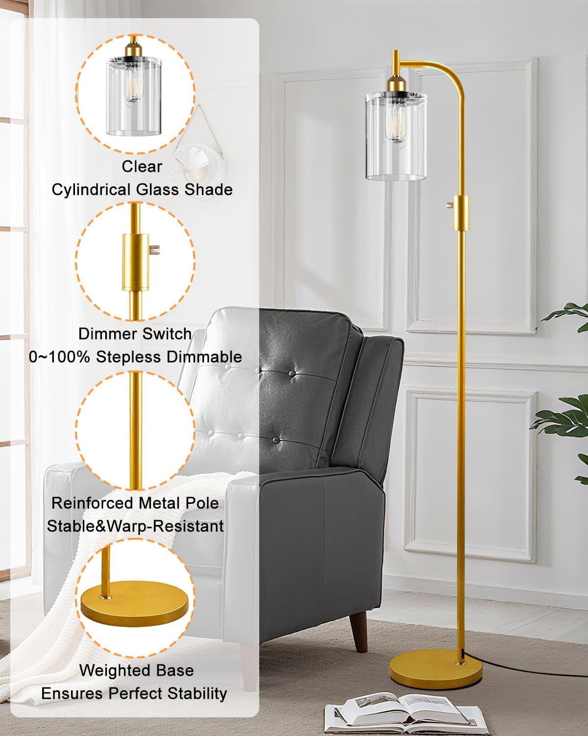 Lightdot 63IN Glass Floor Lamp for Living Room, Dimmable Gold Floor Lamps with Clear Glass Shade, Mid Century Modern Standing Lamps with Bulb Included for Bedroom/Sofa Beside/Corner Decor-Gold