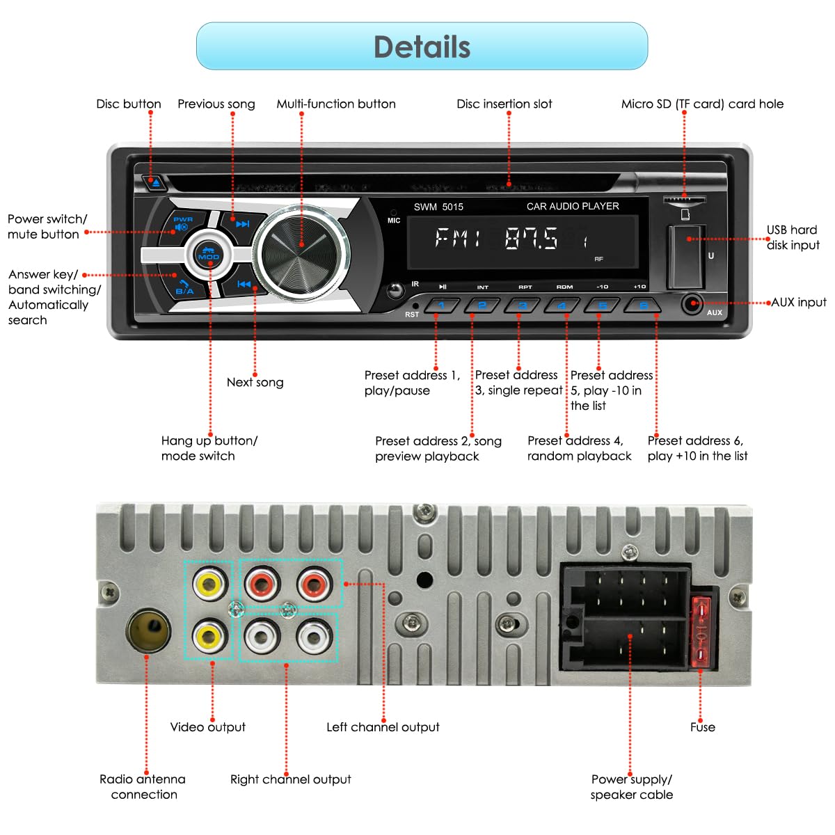 Radio de Coche con Reproductor de CD Bluetooth y Llamadas Manos Libres, Bluetooth 1 DIN USB/TF/Reproductor de MP3/entrada AUX, Radio FM/Am, RDS, RCA, función de búsqueda automática, 60 W x 4
