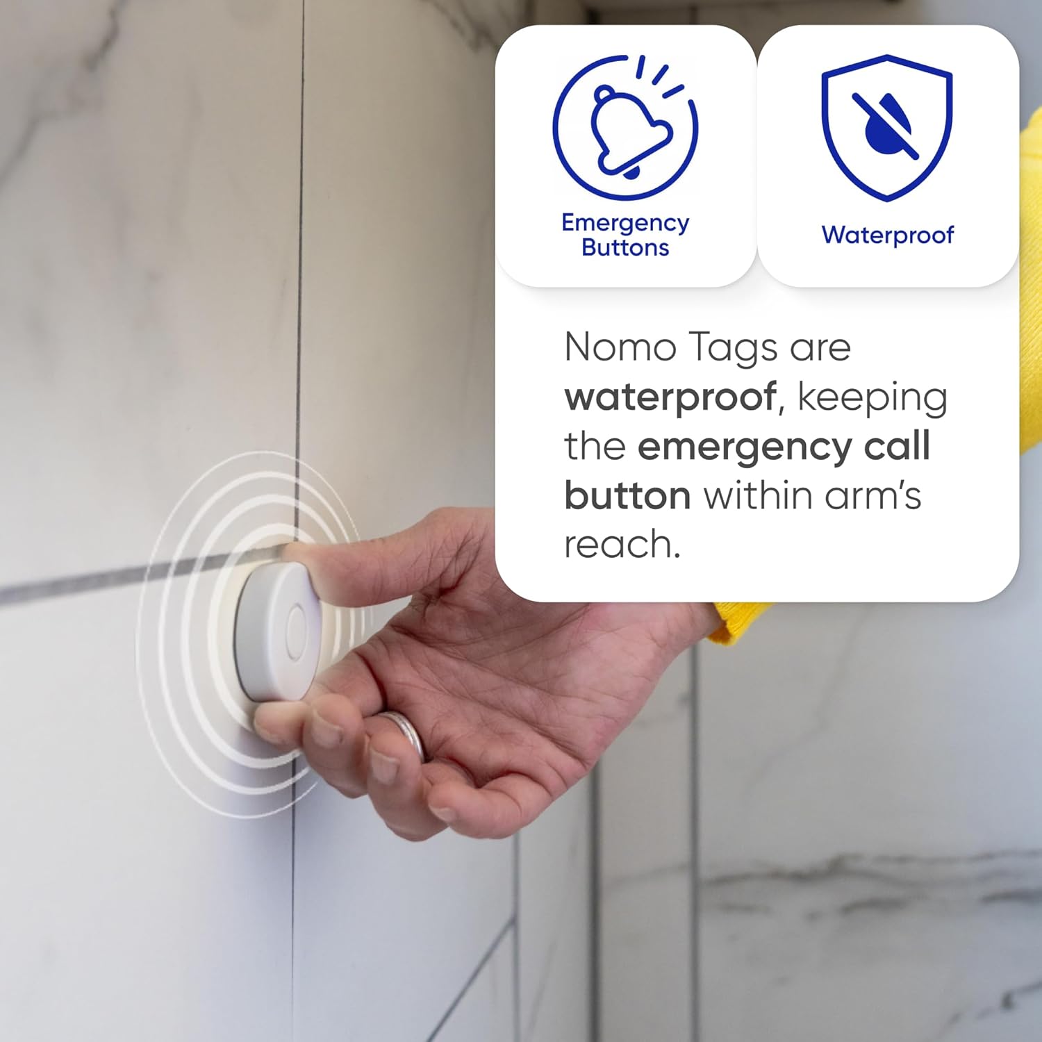 Emergency Alert & Movement Sensor Tags – Elderly Monitoring with Emergency Panic Button, Wearable Fall Detection for Seniors, Water-Resistant - Works with Nomo Care Kit -10-Year Battery Life - 4 Tags