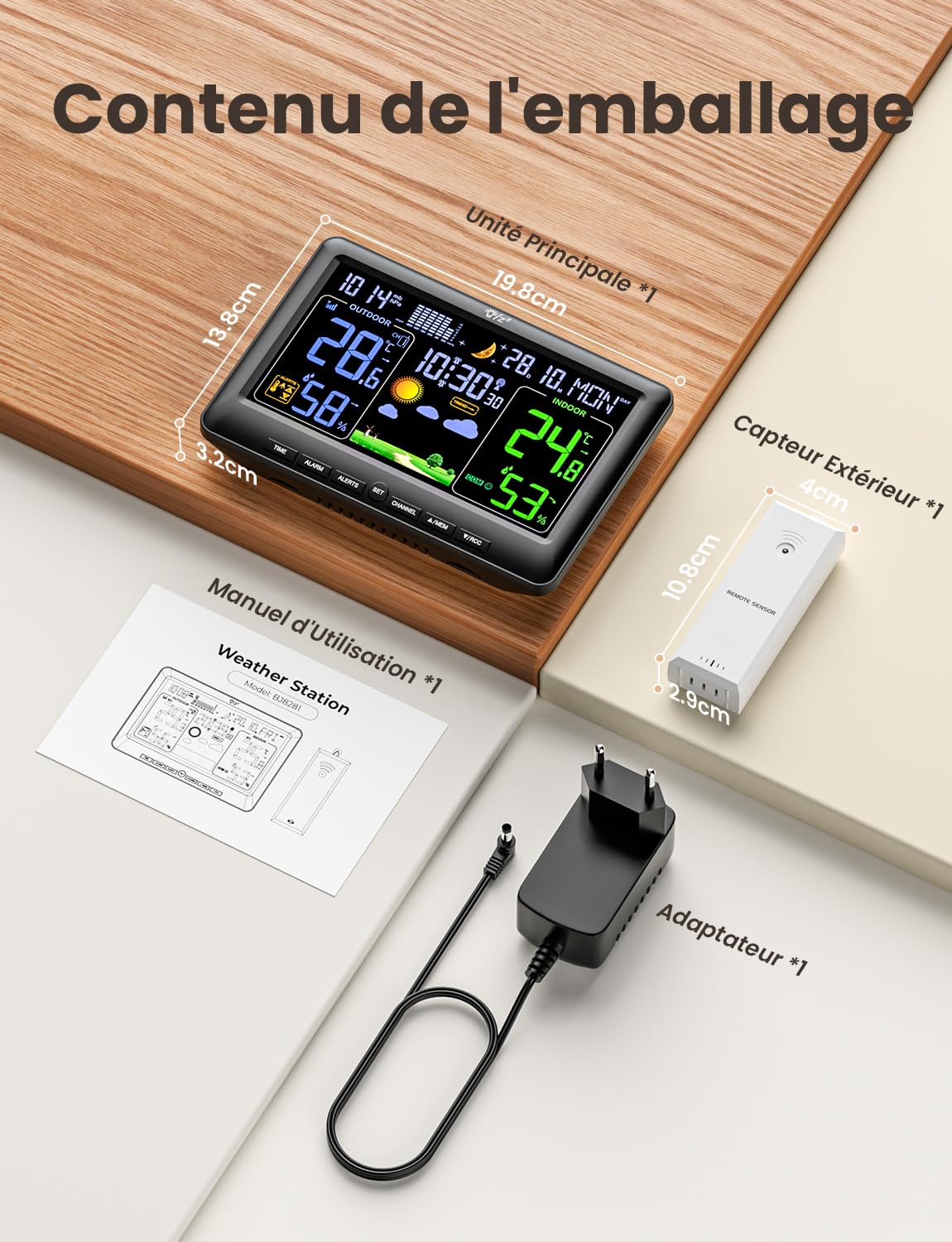 LIORQUE Station Meteo Interieur Exterieur Sans Fil, Thermometre Hygrometre avec capteurs, LCD, Rétro-éclairage, Portée de Transmission sans Fil de 100m, pour Terrasse, Jardin, Cave
