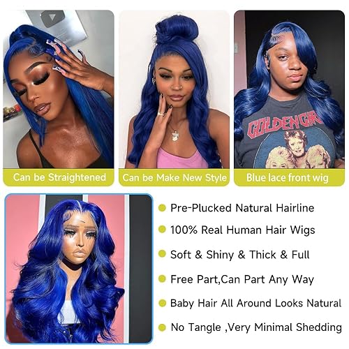 Miniatura 6 de Peluca azul de cabello humano ondulado de 13 x 4 pulgadas, pelucas de cabello humano con encaje frontal HD de color HD, pelucas de cabello humano