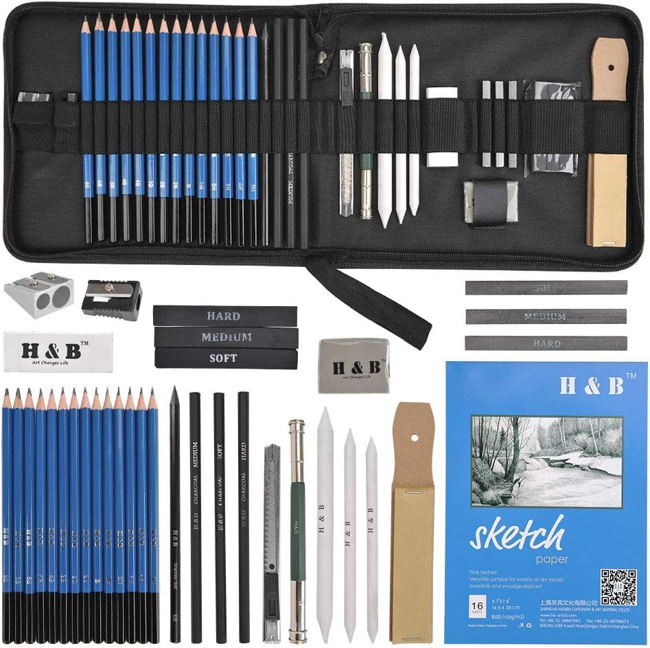 PRITZKER 35pcs Drawing and Sketching Pencil Set Professional Sketch Pencils Set in Zipper Carry Case Art Supplies Drawing Kit with Graphite Charcoal Sticks Tool Sketch book for Adults Kids