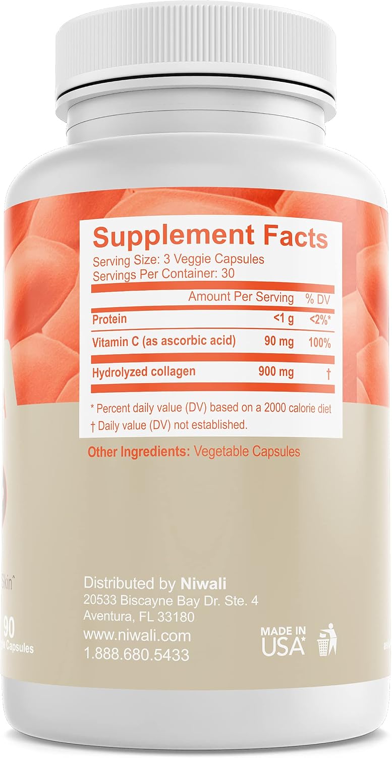 NIWALI Hydrolyzed Collagen + Vitamin C Anti-Aging Dietary Supplements – Formulated for Stronger Skin, Nails, Muscles, and Joints – 60 Capsules
