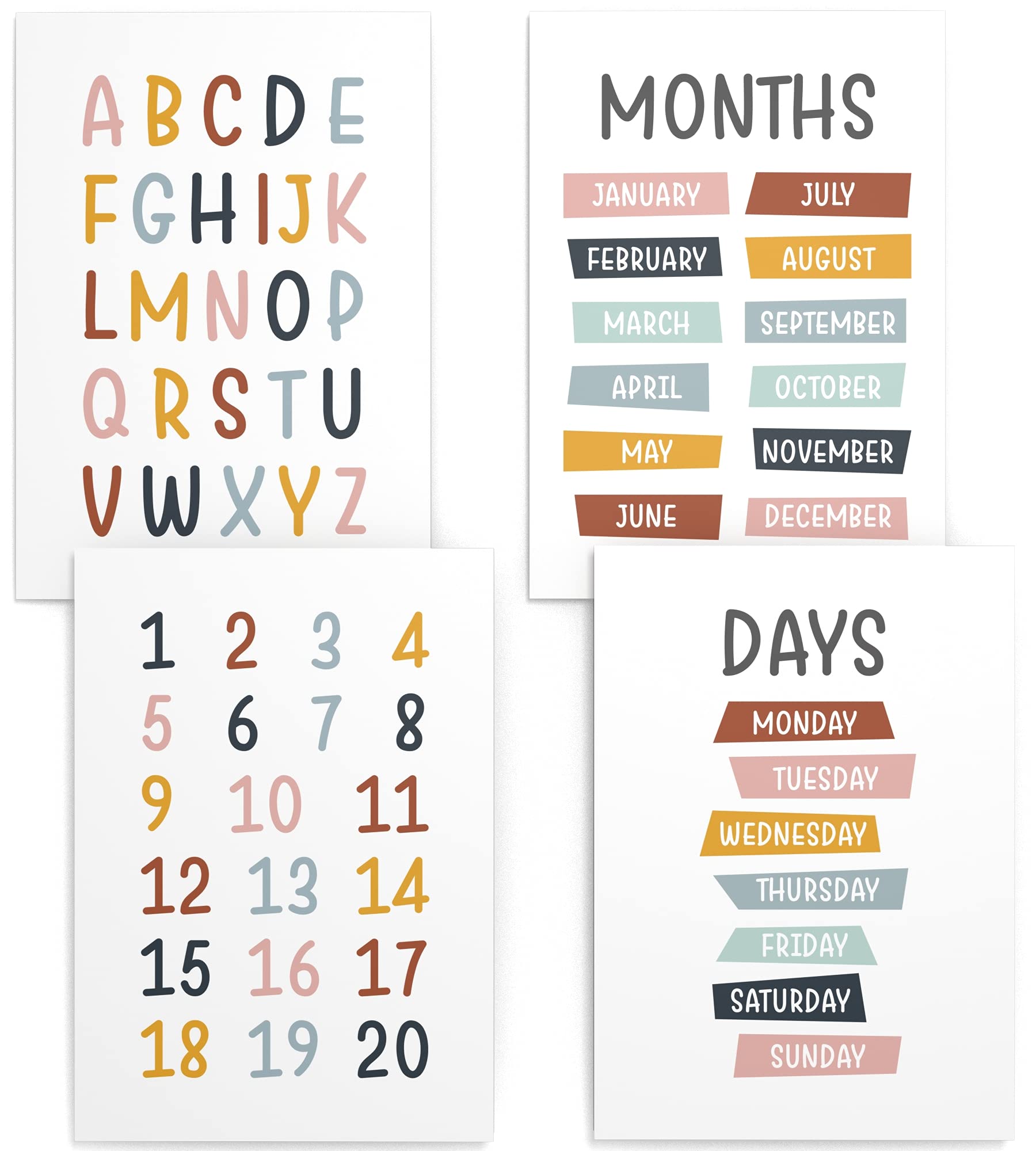 Papierschmiede Cuadros para niños, Set de 4, A3 Póster de aprendizaje en inglés, Regalo para niñas y niños, cuarto de los niños, letras de colores, Números, Días de la semana, meses, ABC Days Months