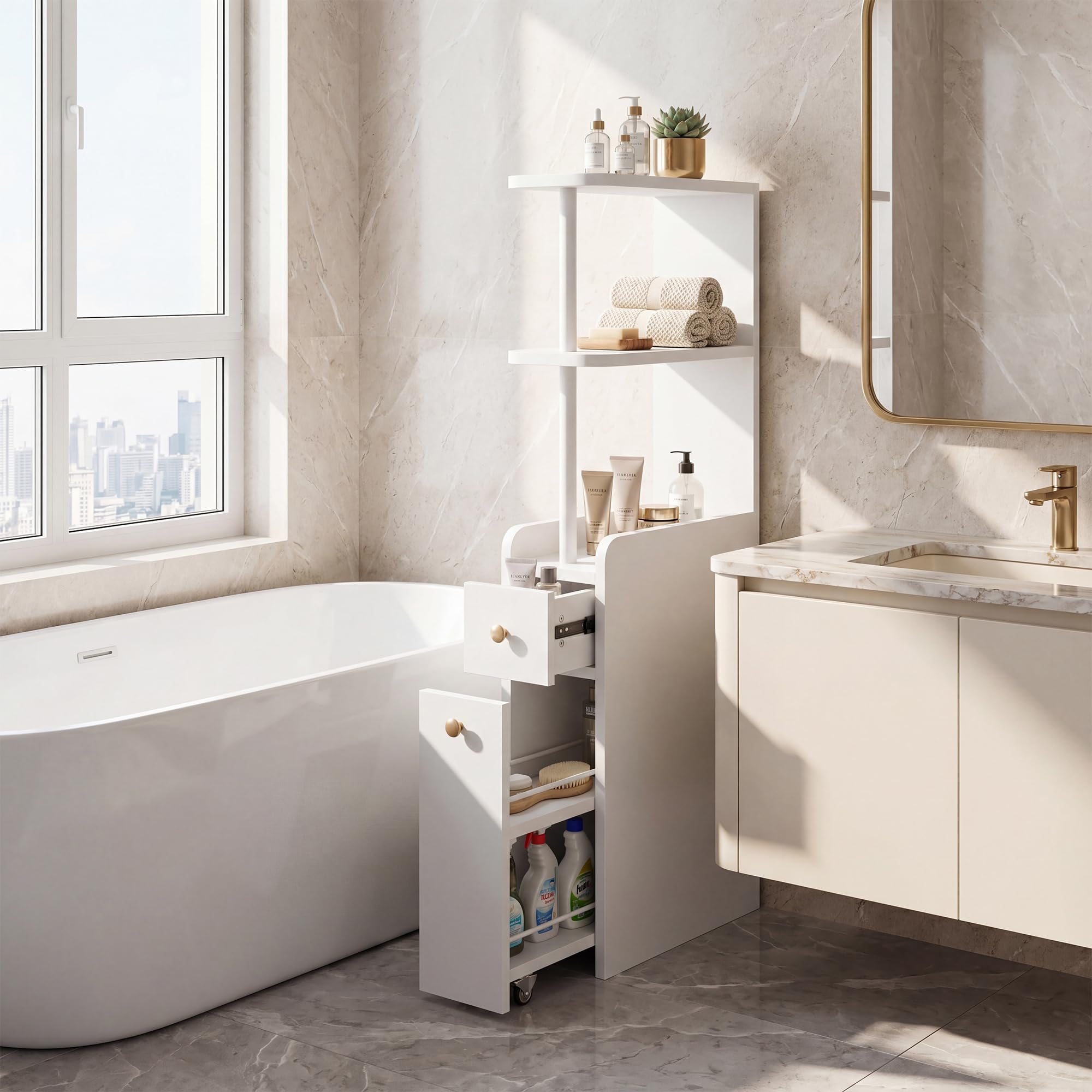 APICIZON Badschrank Schmal, Nischenschrank Badezimmer mit Schublade auf Rollen, 19x45x113 cm Badezimmerschrank mit Offenen Ablagen, Toilettenschrank für WC, Seitenschrank Mehrzweckschrank, Weiß