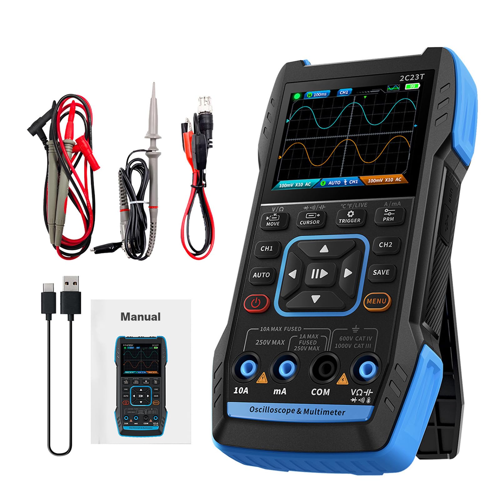 Osciloscopio Multímetro 3 en 1 USB 2 Canales 10MHz Ancho de Banda 50MSa/s Frecuencia de Muestreo 9999 Recuentos, Con Sonda de Pinza de Cocodrilo Roja Negra Pluma