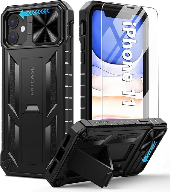 FNTCASE for iPhone 11 Phone Case: Rugged Military Grade Full Protection Shockproof Protective Case with Kickstand | TPU Matte Textured Heavy Duty Hard Bumper Phone Cover for iPhone 11-Black