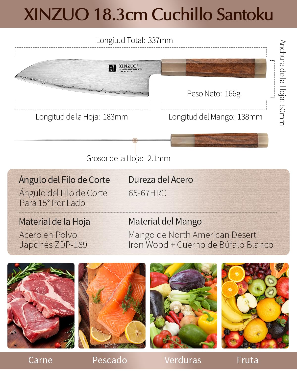 XINZUO 18,3cm Cuchillo Santoku de Cocina Acero en Polvo Japonés ZDP-189 -Profesional Afilado Acero Inoxidable Cuchillo para Verduras -Mango de Desert Ironwood -con Caja de Regalo de Madera de Tung