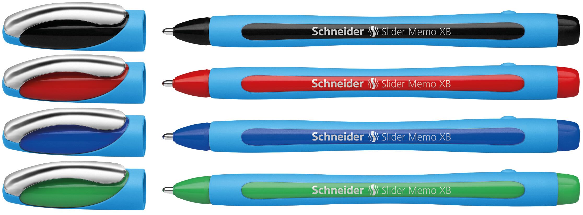 Schneider 75020 Slider Memo XB długopis (z nasadką, grubość kreski: XB, kolor wkładu: czerwony/czarny/niebieski/zielony), opakowanie 4 szt