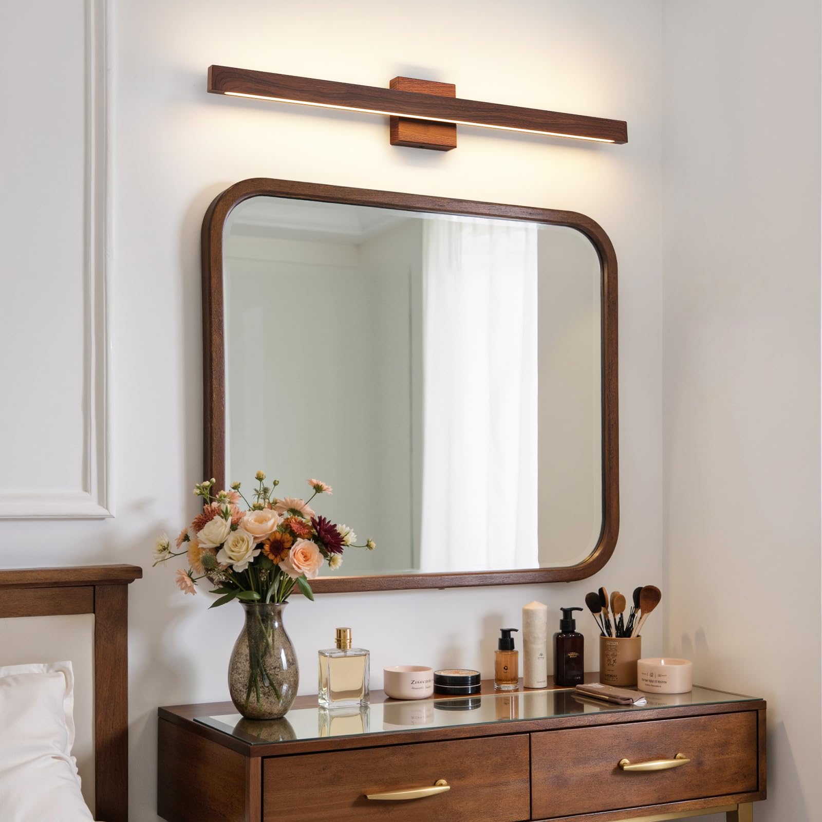 Moderna lampada da bagno sopra lo specchio, 81 cm, finitura in legno marrone, barra luminosa da 26 W, dimmerabile, 5 CCT, luci LED per illuminazione da parete del bagno sopra lo specchio