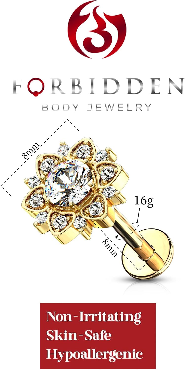 Forbidden Body Jewelry 16g 6-8mm Internally Threaded Surgical Steel Stud w/CZ Floral Top for Cartilage, Tragus, Labret & Monroe