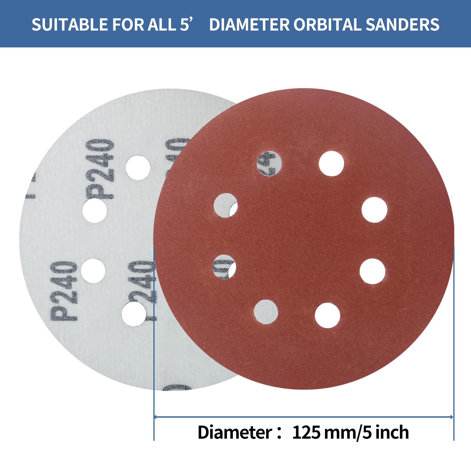FEIHU 125mm Sanding Discs 50Pcs Orbital Sander Discs Hook and Loop Sanding Pads for Random Orbital Sander 240 Grits Sanding Discs - Image 2