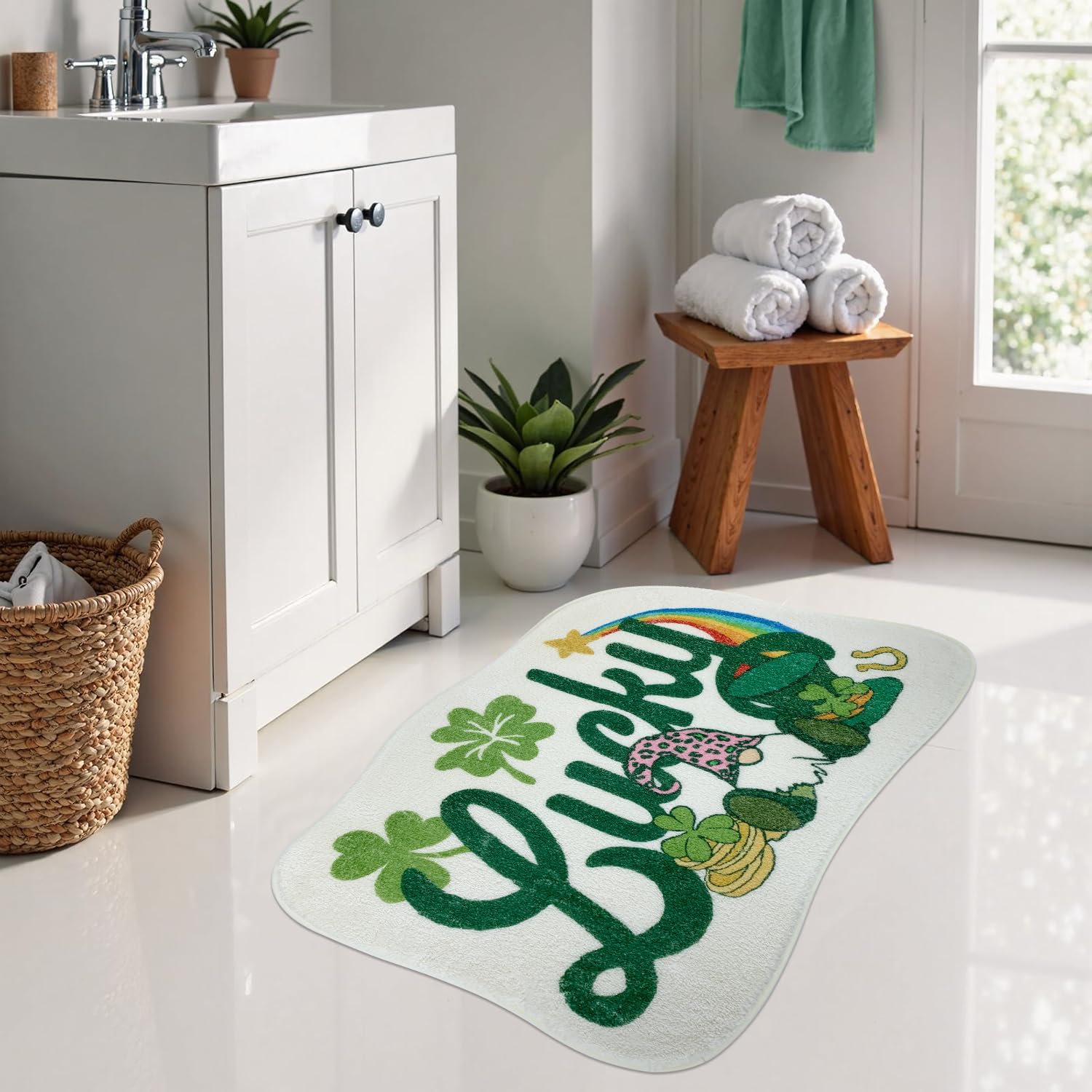 Lucky Shamrock St Patrick Gnome Bath Mat, Soft Fluffy Doesn’t Shed Microfiber Non-Slip Bathroom Rug, Holiday Bathtub Aesthetic Decoration(Green 18x26in) - Image 6
