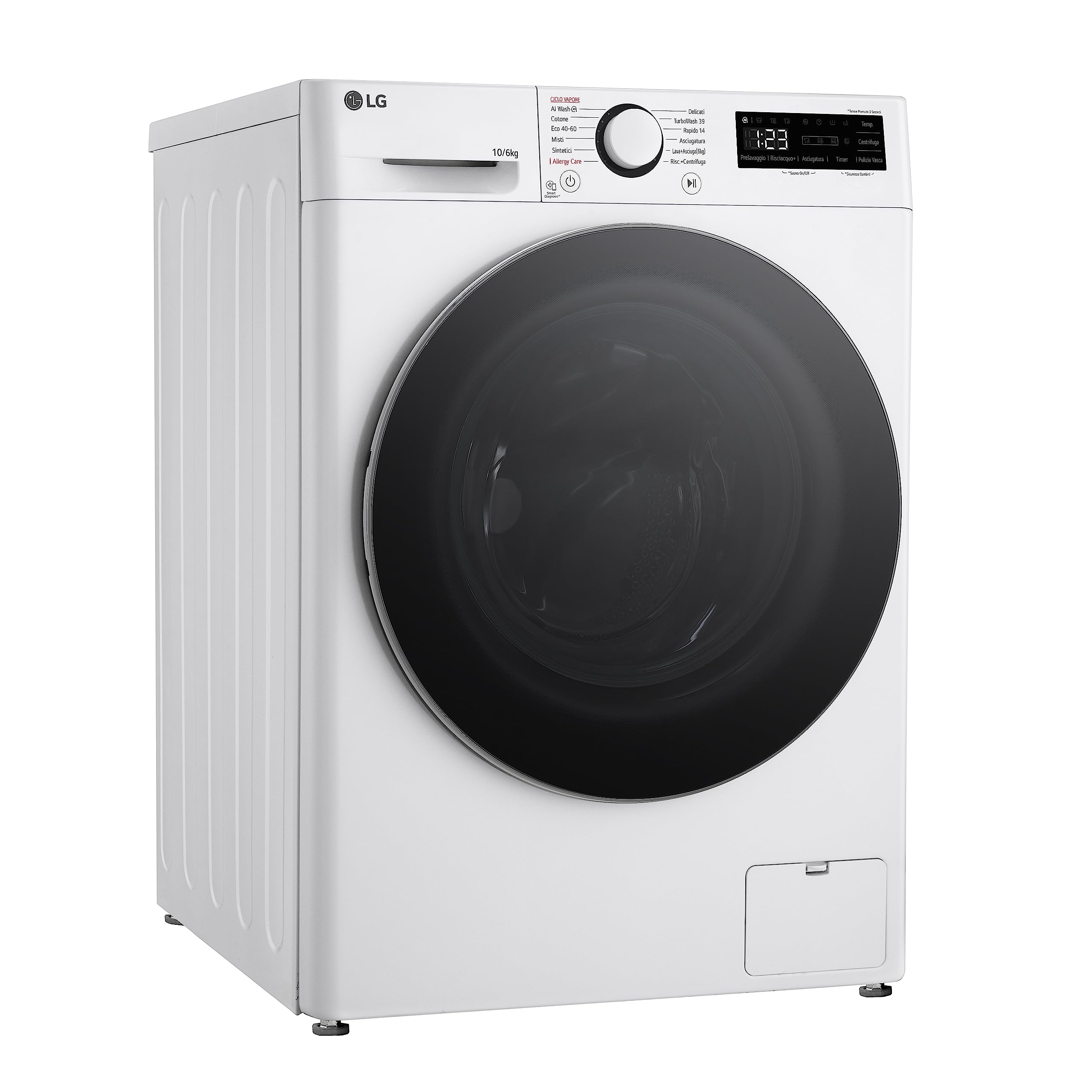 LG AI DD D4R5010TSWS Lavasciuga 10 / 6kg Serie R5 Classe A-10%/D, Lavatrice e Asciugatrice Insieme, 1400 giri, TurboWash360, Steam, Eco Hybrid, Allergy Care, Motore Inverter Direct Drive, Bianca