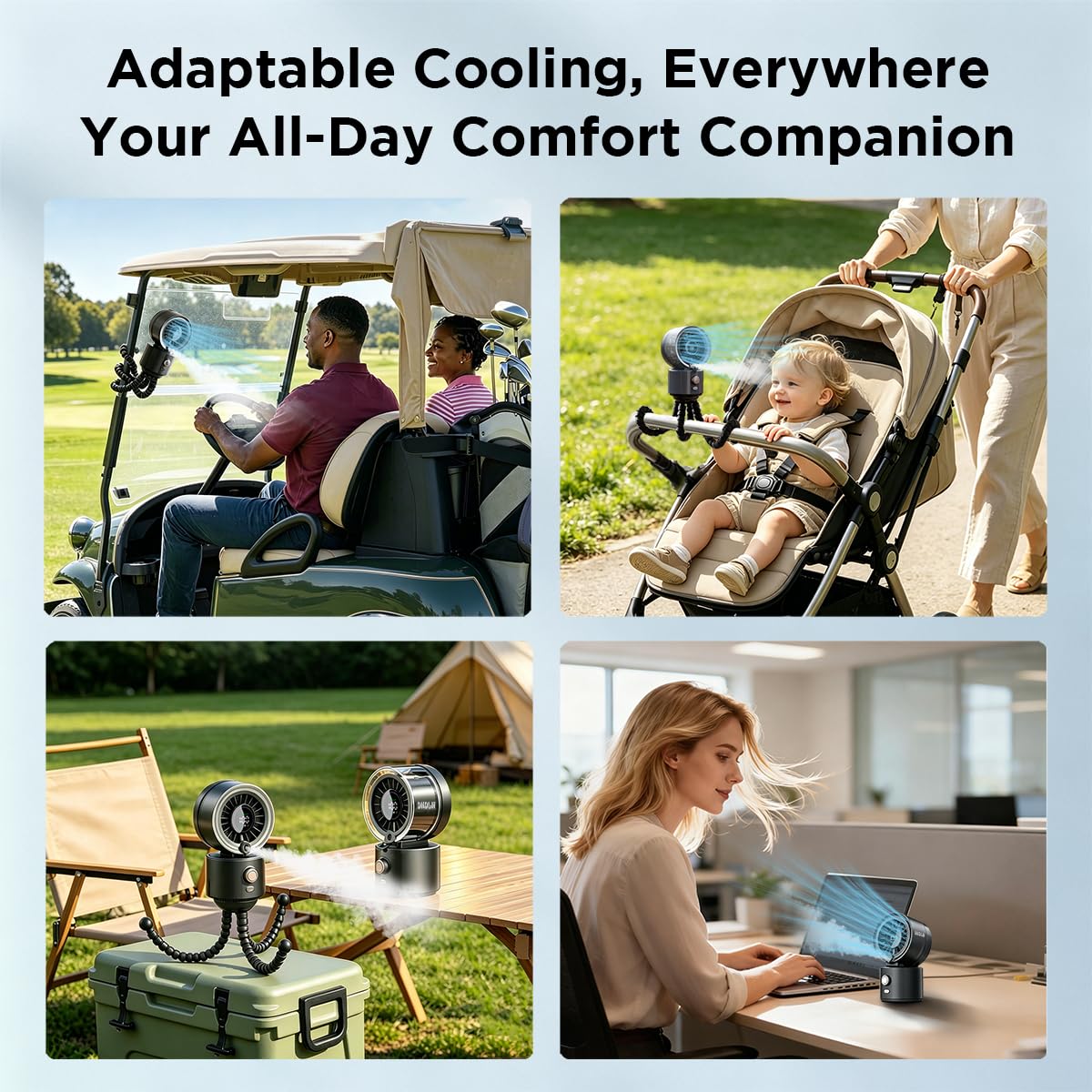 Pursuit DNDLN Ventilateur brumisateur 2 en 1 pour poussette, chariot de golf, 100 vitesses, ventilateur portable pour bébé avec trépied flexible, ventilateur à clip oscillant automatique à 120°