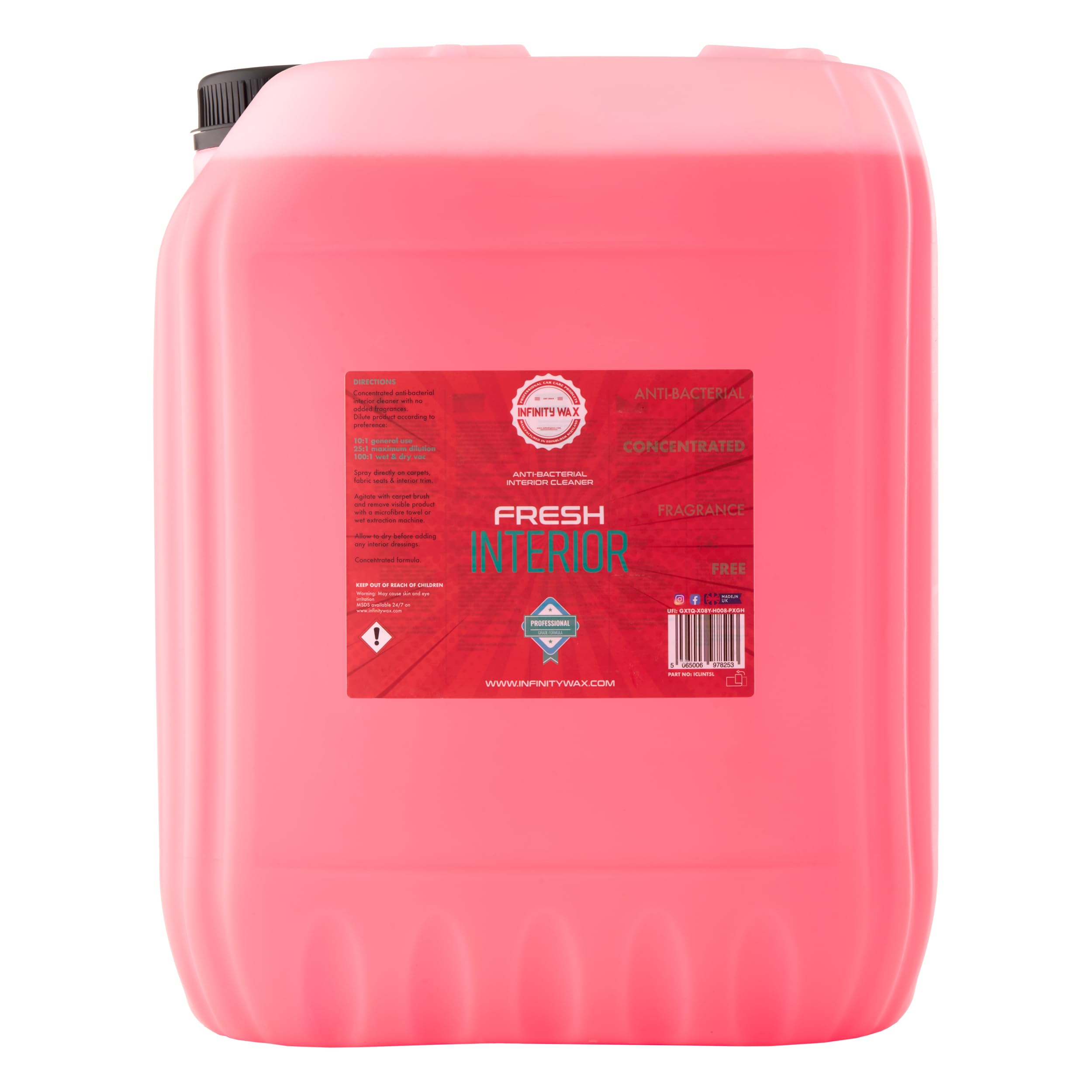 Infinity Wax Fresh Interior 20L, Anti-Bacterial Car Interior Cleaner for Fabric, Plastics & Carpets Fragrance-Free, Low Foam Formula – Bulk Trade Size, Dilutes Up to 200:1