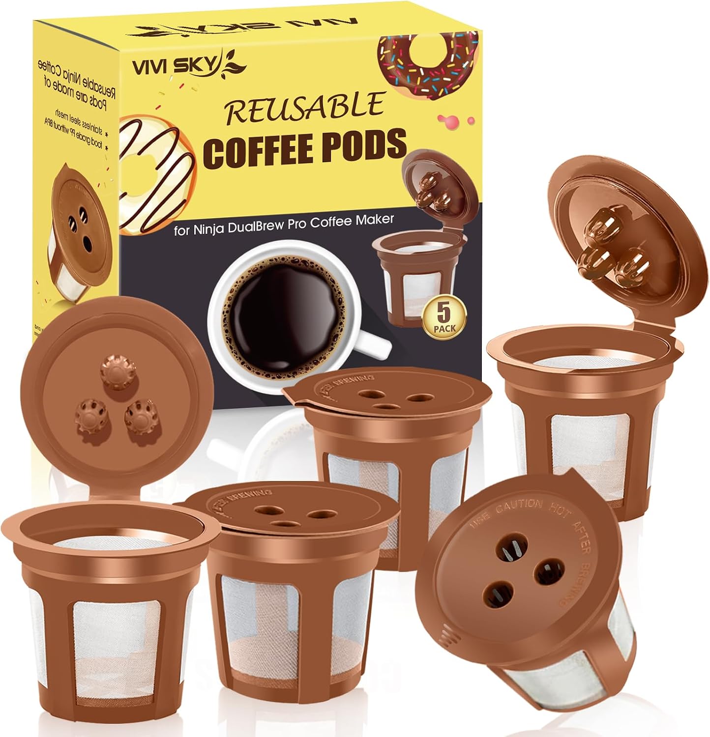 VIVI SKY Ninja Reusable Coffee Pods: 5 Pack Fits 3-Hole Ninja DualBrew Pro