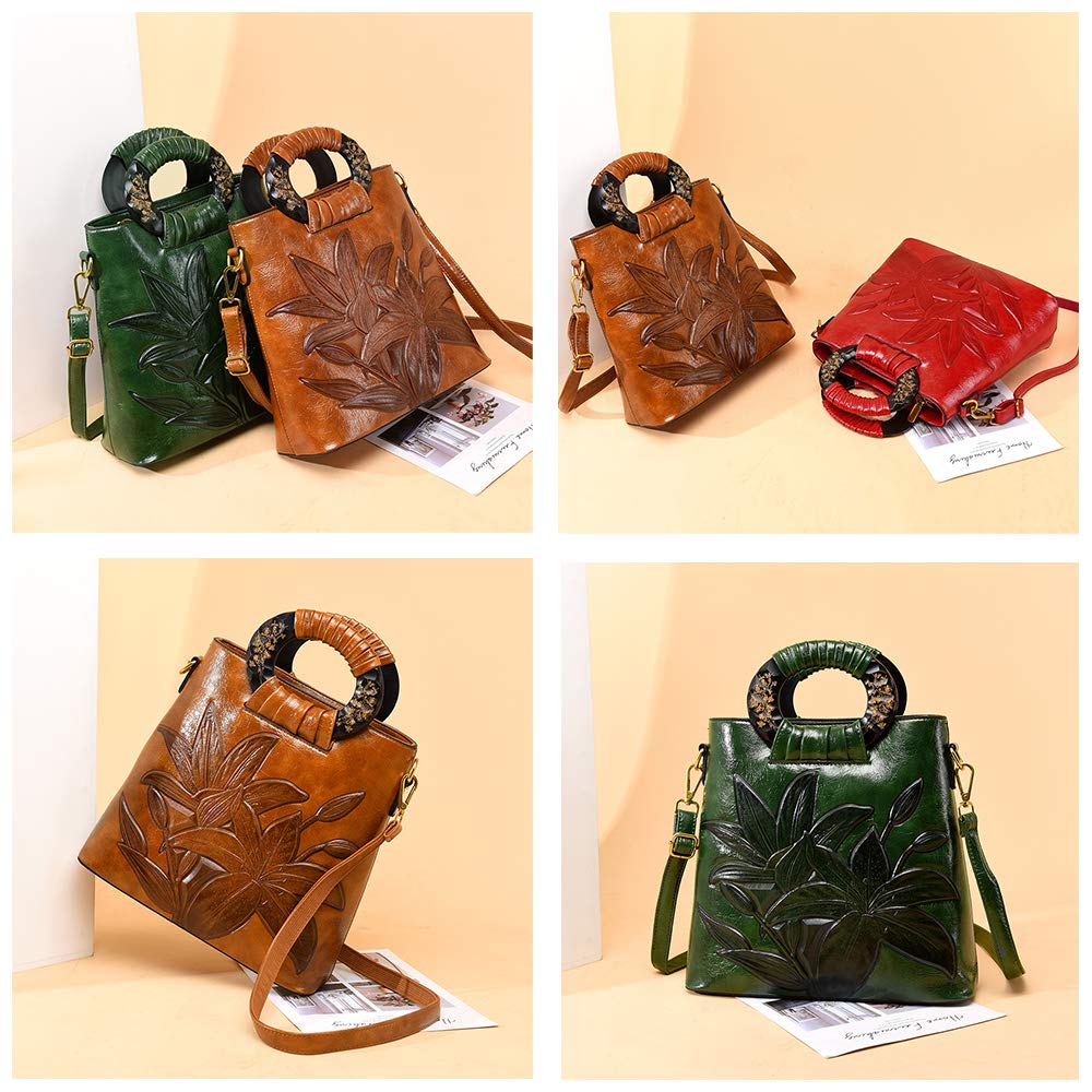 Borsa a mano con Tracolla da Donna Borse Manico in Legno Goffratura di Classica di Fiori Brose a spalla Verde