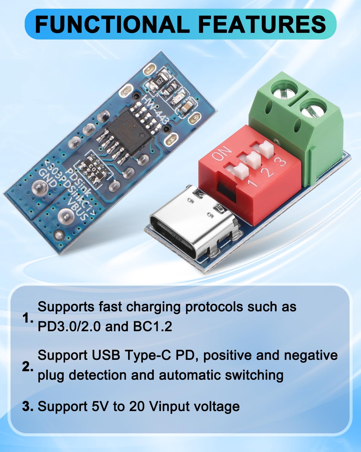 3 szt. USB-C PD/QC moduł płytki wyzwalającej, USB typu C do 5 V 9 V 12 V 20 V moduł Boost, adapter USB-C PD z regulowanym napięciem