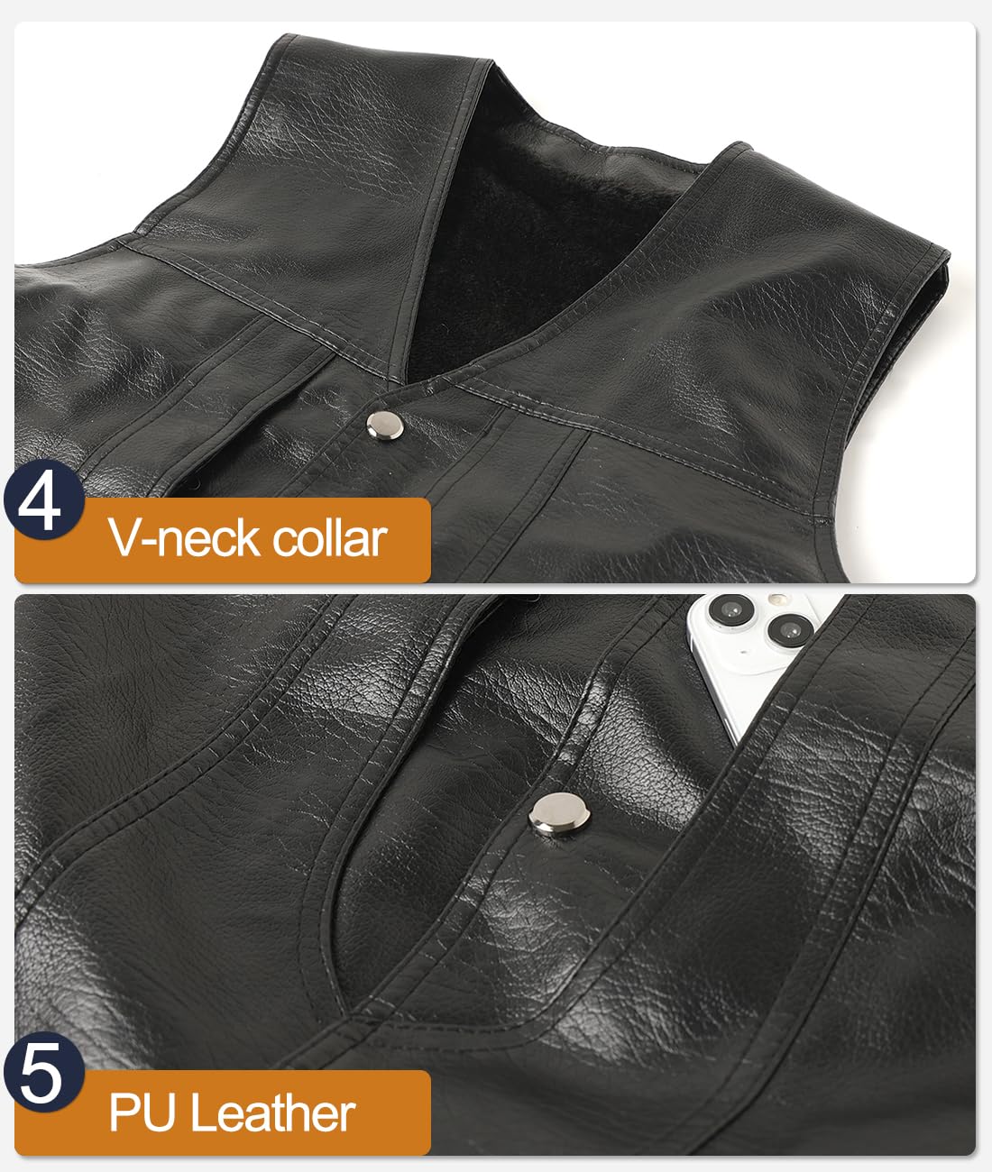Gilet PU Pelle Uomo Moto Smanicato Giacca Pelle Invernale Motociclista Gilet Foderato in Pile Classico Nero Leatherick Gilet