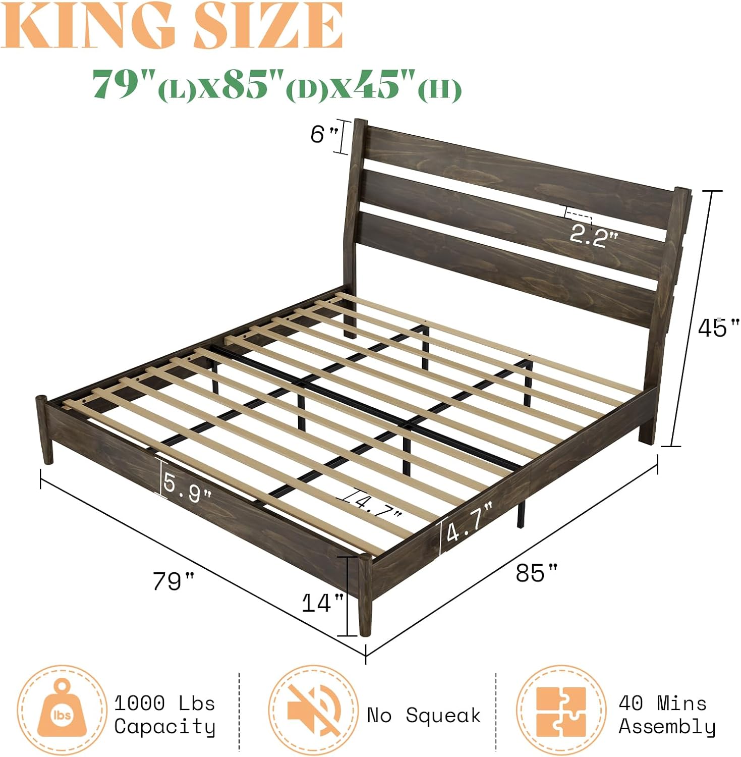AMERLIFE Solid Wood King Size Bed Frame, Mid Century Modern Platform Bed Frame with Reclining Headboard, Sturdy & Noise Free, No Box Spring Needed, Dark Brown