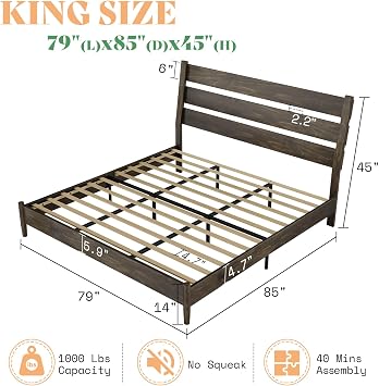 AMERLIFE King Size Platform Bed with Reclining Headboard, Dark Walnut