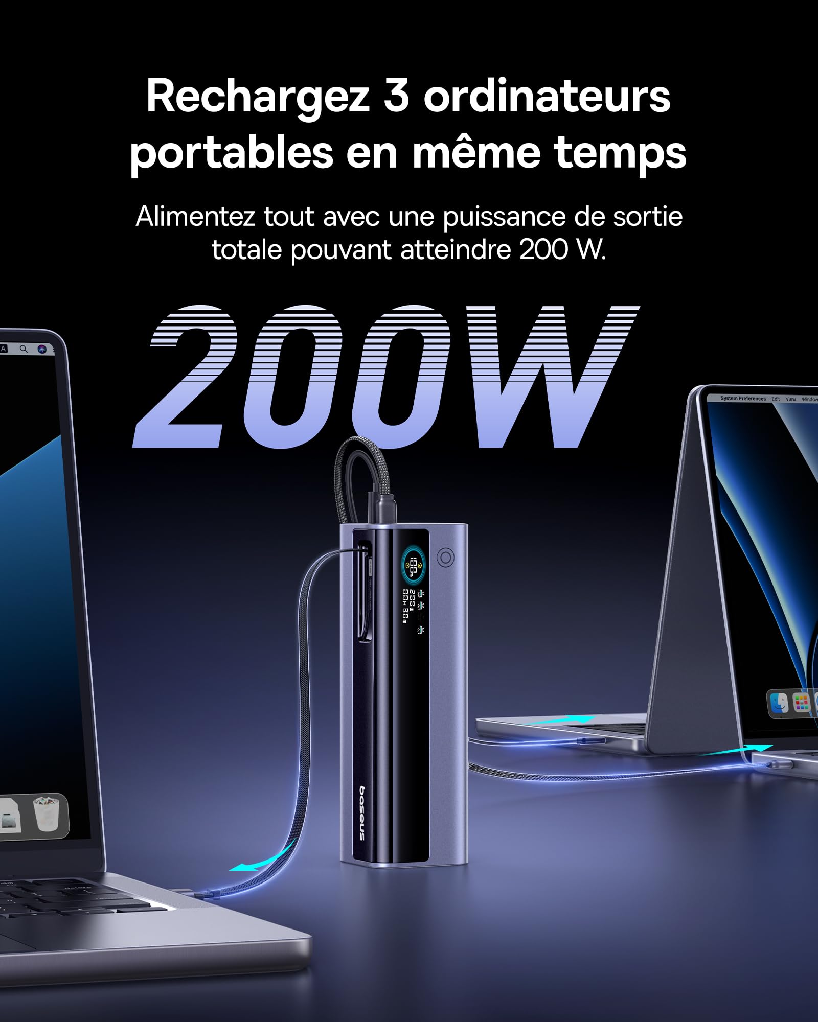 Baseus EnerGeek GR11 Powerbank pour Ordinateur Portable, 25 000 mAh, Charge Rapide 200 W, avec câble USB C rétractable de 62 cm, Batteries externes pour MacBook Pro, Dell, HP, Samsung Galaxy S26/S25