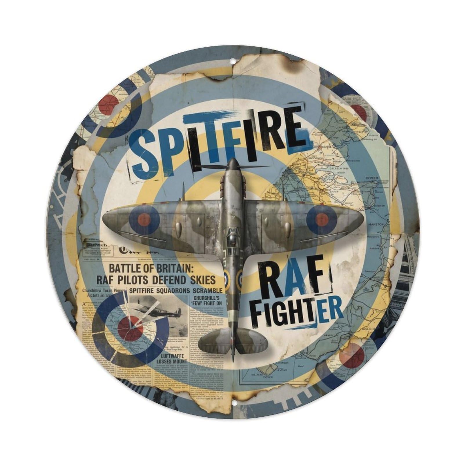 Spitfire Fighter Aircraft British WWII Collage Military Metal Tin Sign Plaque Wall Decor for Cafe, Man Cave, Club Bar, Office, Home Garden Round Metal Poster 8x8Inch