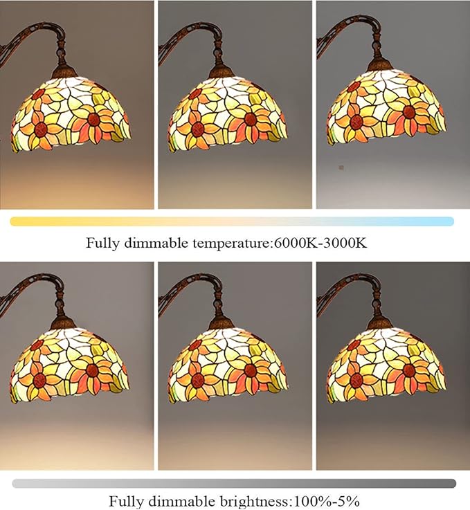 WRMING WRMING Tiffany staande lamp, zonnebloem, woonkamer, led-vloerlamp, dimbaar, met afstandsbediening, vintage, landhuisstijl, slaapkamer, leeslamp, veelkleurig, glazen scherm, verstelbaar, met voetschakelaar, E27, 12 W gloeilamp photo 3