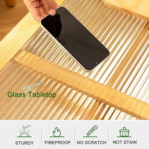 Miniatura 5 de Gdrasuya10 Mesa de centro de bambú moderna de mediados de siglo, mesa auxiliar rectangular de 2 niveles, mesa auxiliar bohemia para sala de estar,