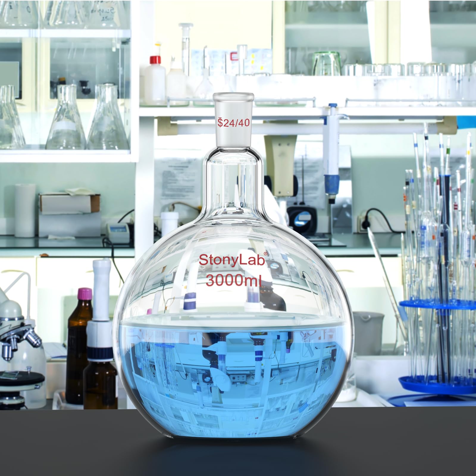 stonylab de Vidrio de Borosilicato de 3000ml Frasco de Ebullición Inferior Plano de Cristal, con Junta Exterior Cónica Estándar 24/40-3000ml
