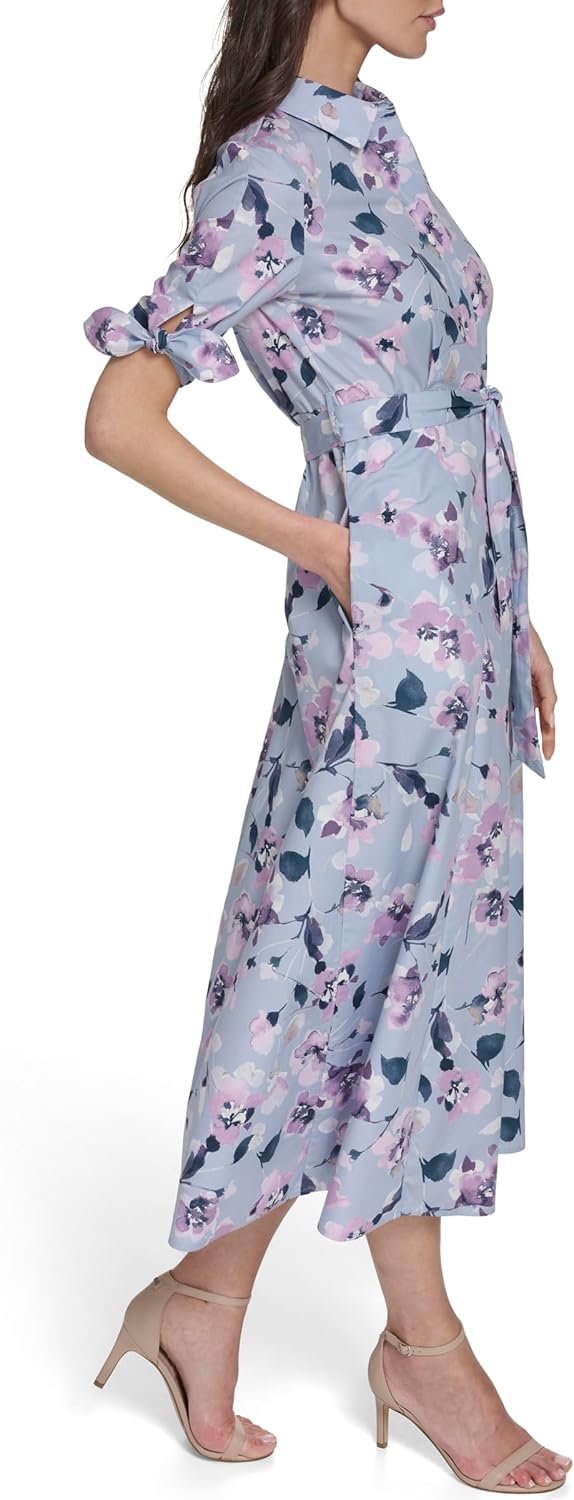 Calvin Klein Women's Short Sleeve Collared Neck Cotton Self Tie Midi Dress