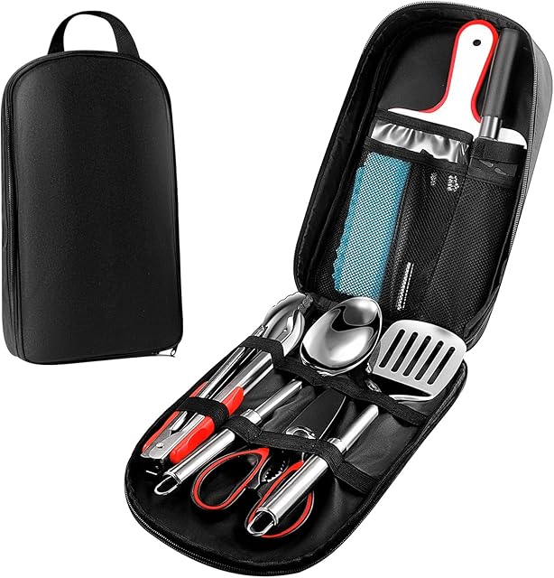 Bakecat Camping Cooking Utensils Set, 9Pcs Camping Kitchen Utensils Organizer Travel Set, Black