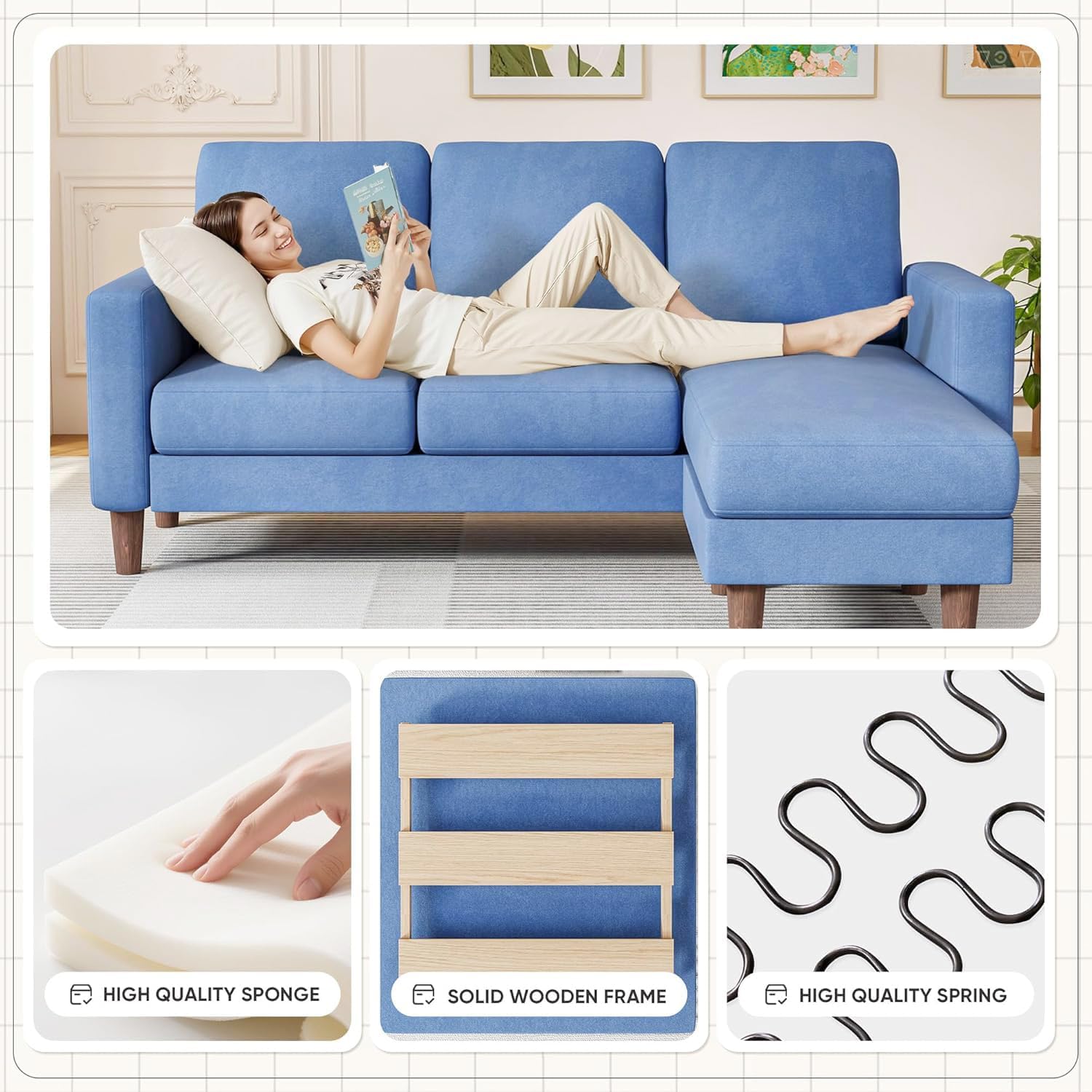 Homall L Shaped Sectional Couch with Movable Ottoman, 3-Seater Convertible Sofa with Side Storage Pocket, Small Linen Fabric Couches for Living Room, Apartment & Small Space (Linen Fabric, Blue) | Movable Ottoman