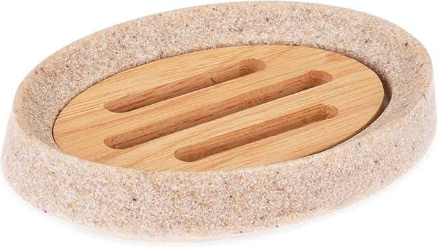 SOAPHA Soap Dishes for Bathroom with Drainage Holes Natural Wooden Bamboo Soap Dish Holder with Drain Tray for Shower, Kitchen, Sink Non slip Eco Soap Saver, Stone Effect (Sandstone)