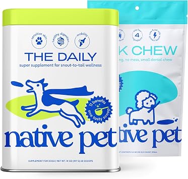 Native Pet The Daily Dog Vitamins & Supplements 60 Scoops & Yak Chews 5 Small Chews - All Natural Dental Stick Made with Yak Cheese for Aggressive Chewers & 11-in-1 Multivitamin for Dogs
