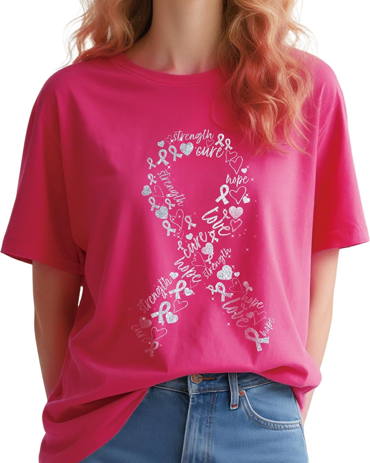 Pink Breast Cancer Shirts for Women,Pink Ribbon Cotton Shirts for Women Breast Cancer Survivor Medium Pink 1